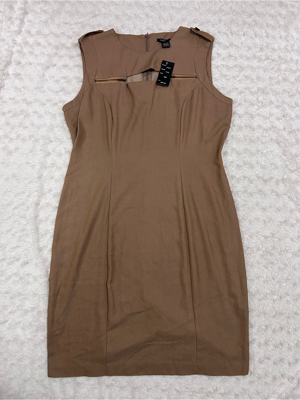 Robert Louis Tan Sleeveless Sheath Dress with Front Cutout Zip Detail